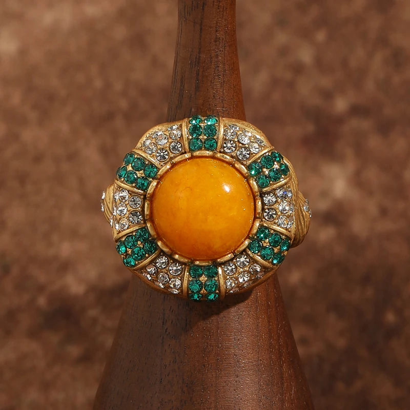 Vintage Round Yellow Stone Women White Green Rhinestone Luxury Designers Ring