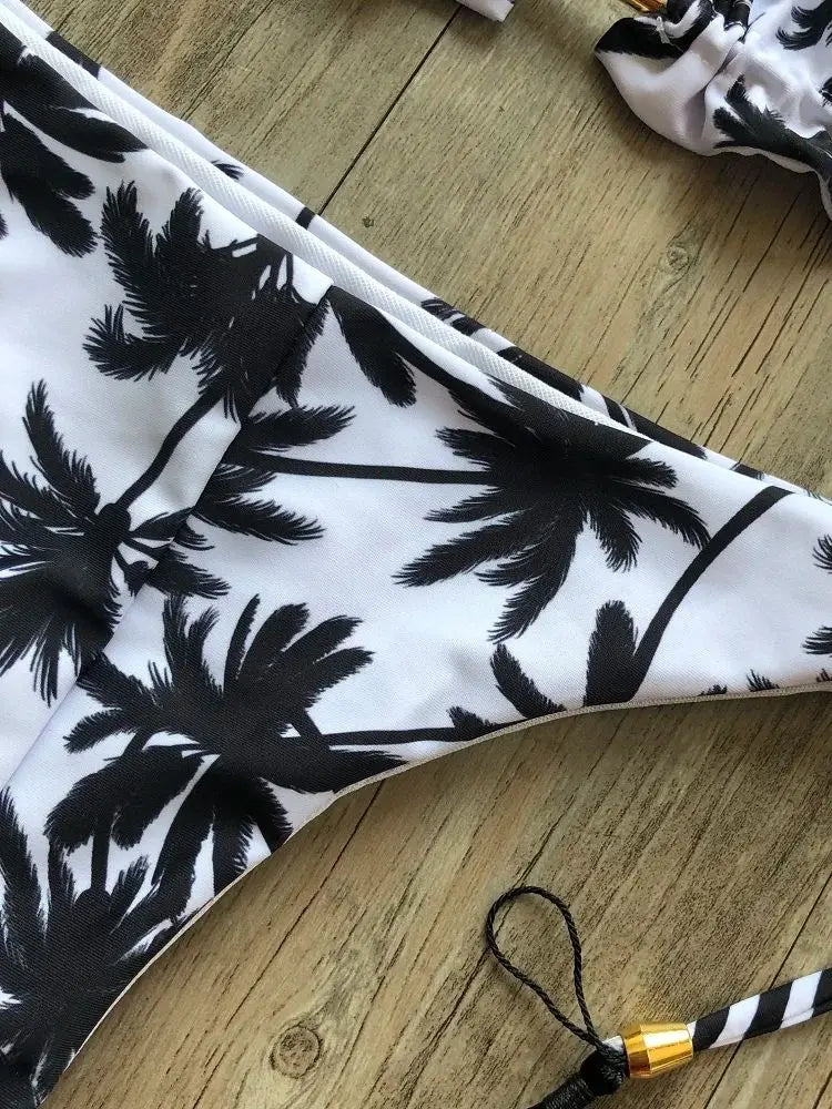 Sexy Black White Coconut Tree Printed Swimsuit Triangle Halter Bikini Brazilian Bathing Suits