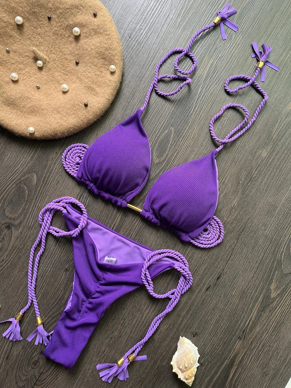 Sexy Solid Color Braiding Rope Bikini Swimsuit Two-piece Triangle Swimwear Bathing Brazilian Suits