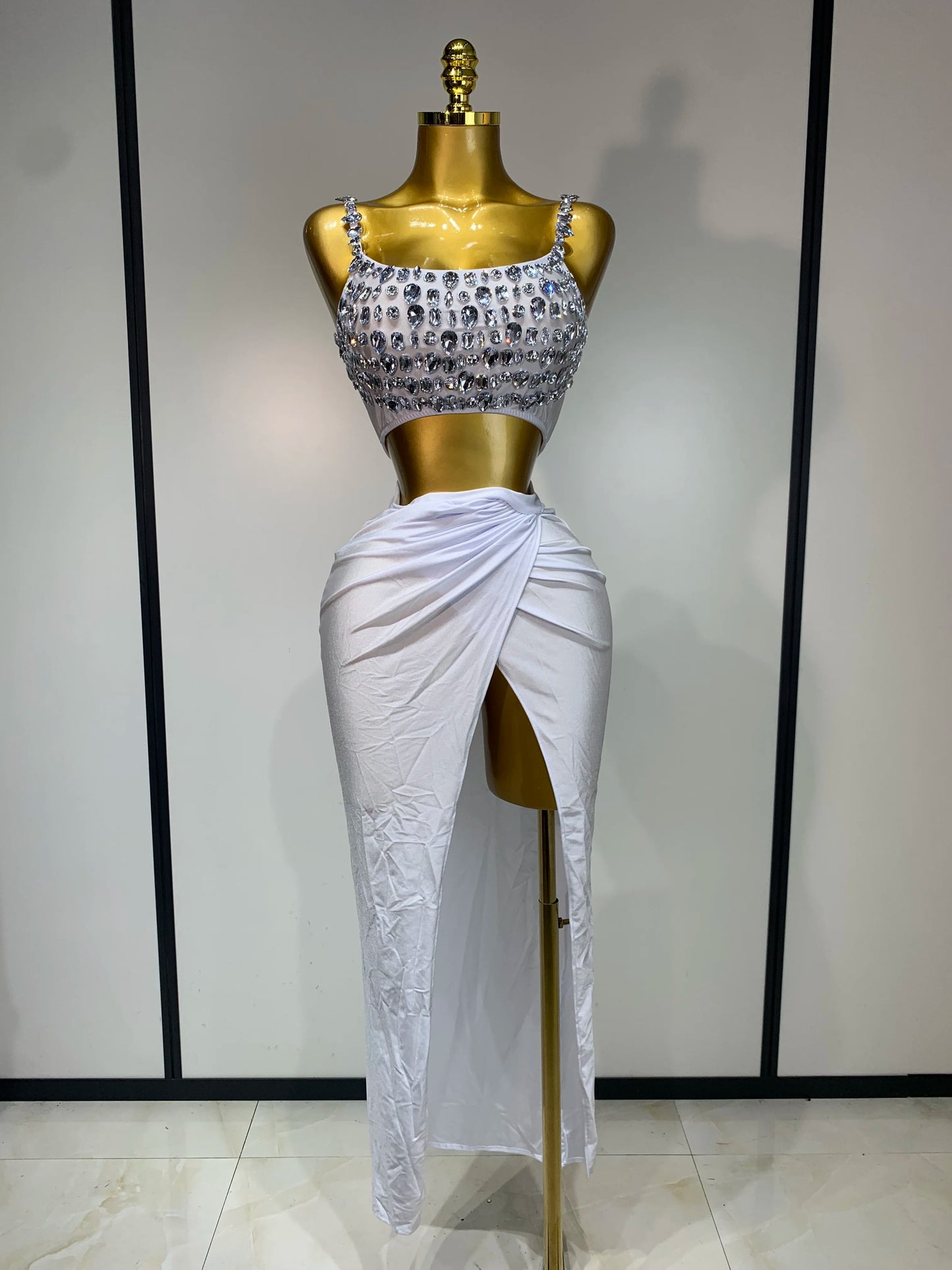 Women Sparkly Rhinestone Crop Tops Long Skirt Two Pieces Birthday Party Dinner Dress