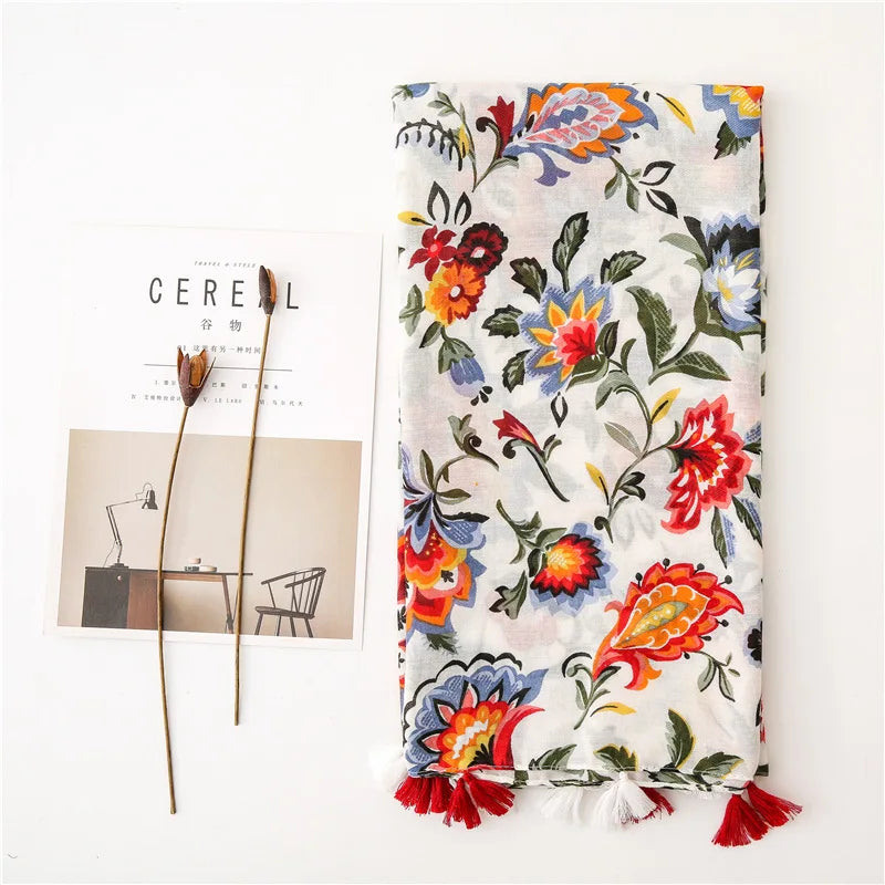Women Fashion Large Cotton Flower Designs Tassel Prints Scarves Wrap Shawl Scarf