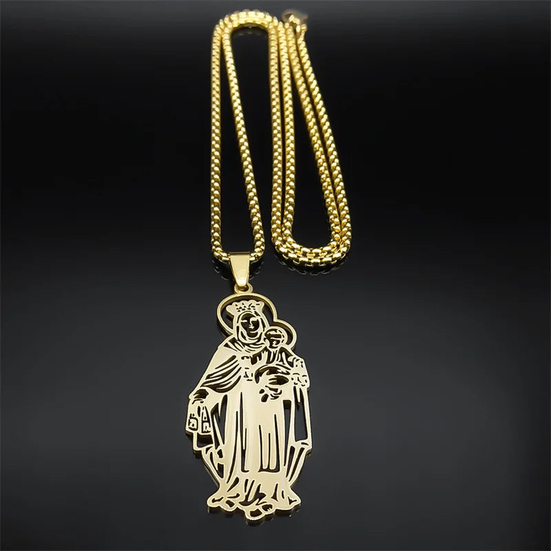 Virgin Mary Christian Women Men Stainless Steel Gold Color Pendant Necklace