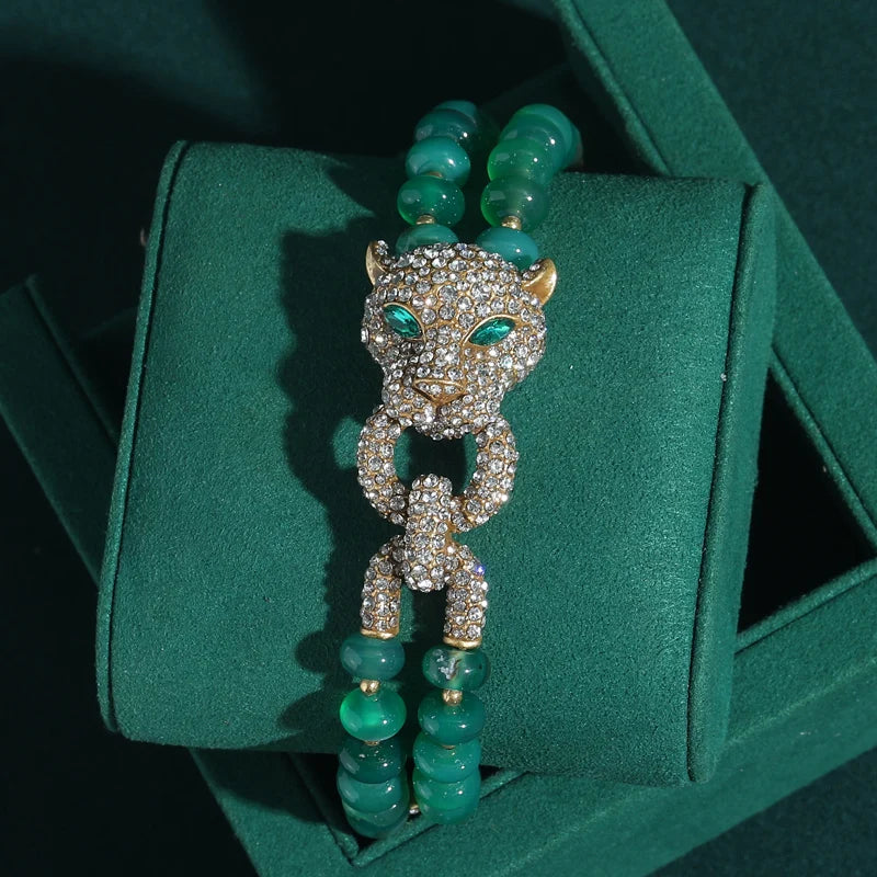 Vintage Green Beads Women Rhinestones Leopard Head Bangles Eye Bracelets
