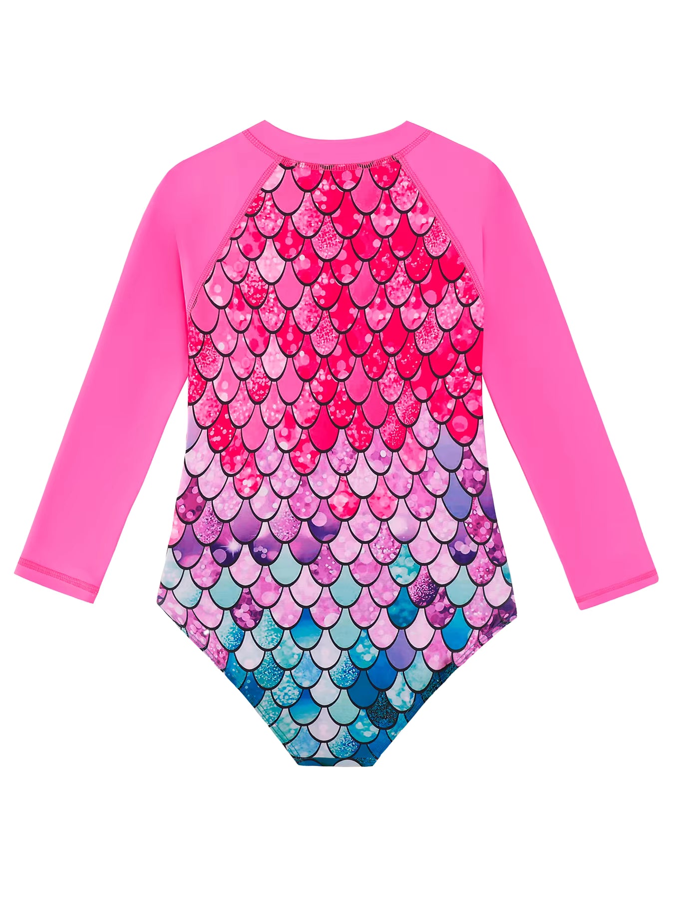 Kids Girls One-Piece Long Sleeve Scale Print Beach Rose Pink Bikini-Cut Bottom Swimwear