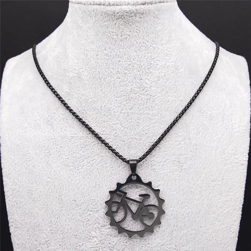Women Men Tires Bike Bicycle Stainless Steel Long Chain Black Color Necklaces