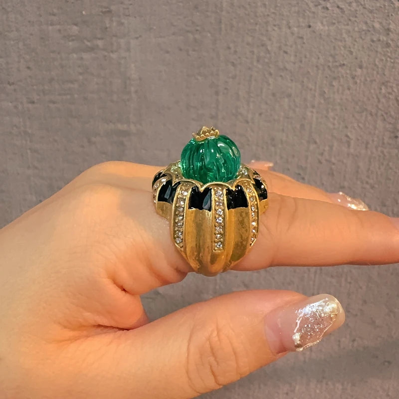Women Vintage Pumpkin Blue Crystal Open Black Dripping Oil Halloween Ring