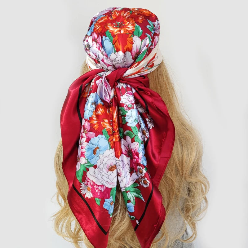 90cm Women Four Seasons Square Silk Satin Oil Painting Prints Bandana Wrap Shawl Scarves Scarfs gfK5