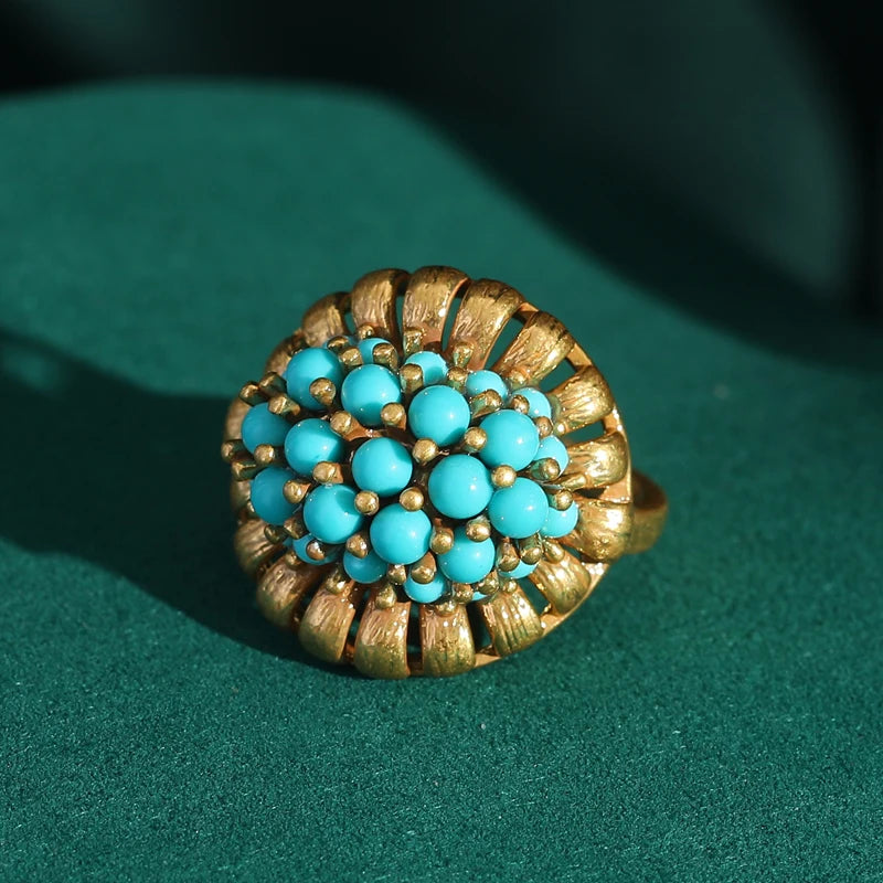 Victorian Retro 18K Gold Plated Adjustable Turquoise Cluster Banquet Ring