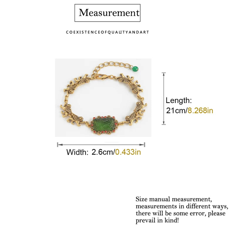 Women Vintage Green Glass Charm Square Relief Lion Real Gold Plated Designer Bracelet