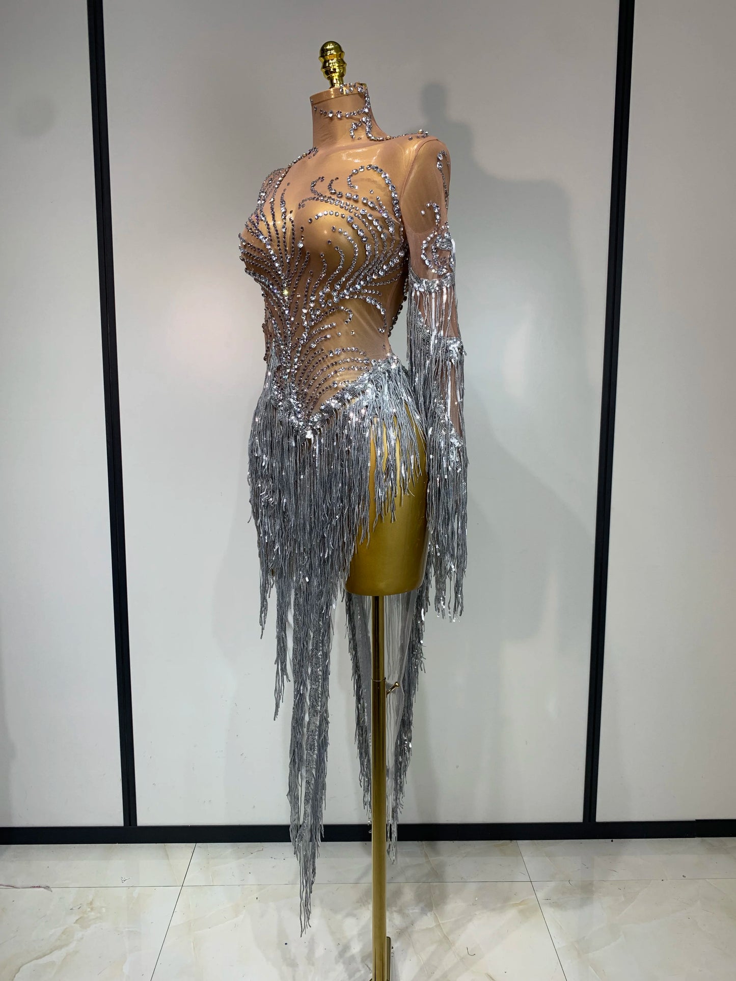 Sexy Rhinestone Sequins Tassel Mesh See Through Evening Party Nightclub Singer Sparkly Dress