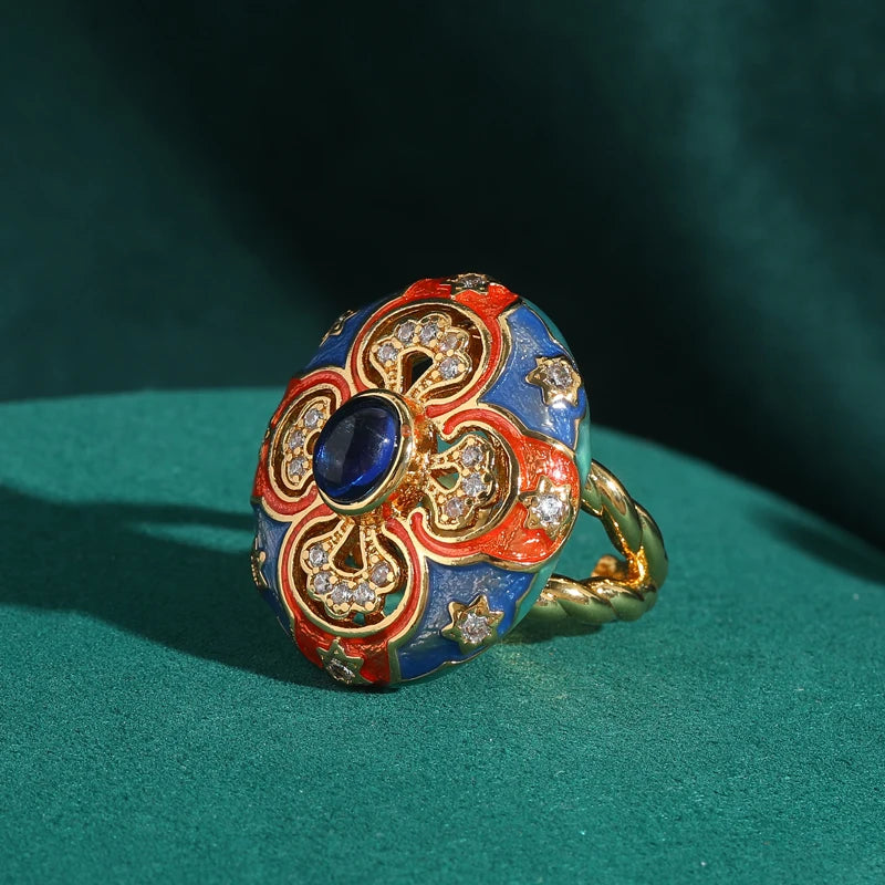 Women Vintage Enamel Adjustable 18K Gold Plated Floral Gemstone Ring