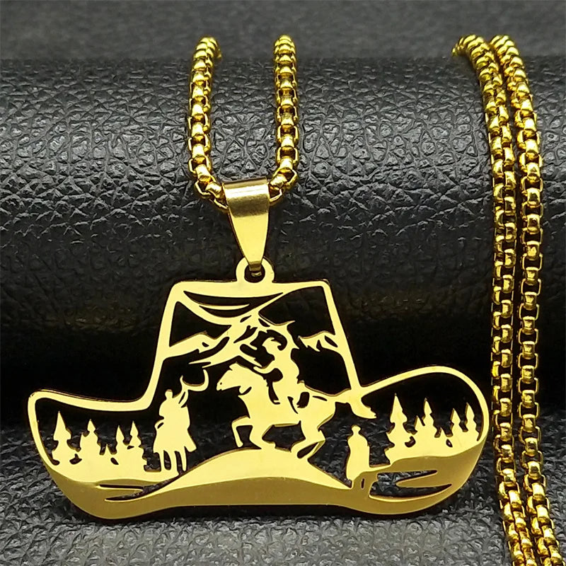 Horse Animal Western Cowboy Hat Tree Women Men Stainless Steel Silver Color Chain Necklace