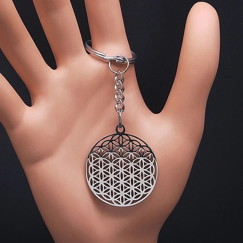 Women Men Flower of Life Stainless Steel Gold Color Mandala Long Necklace