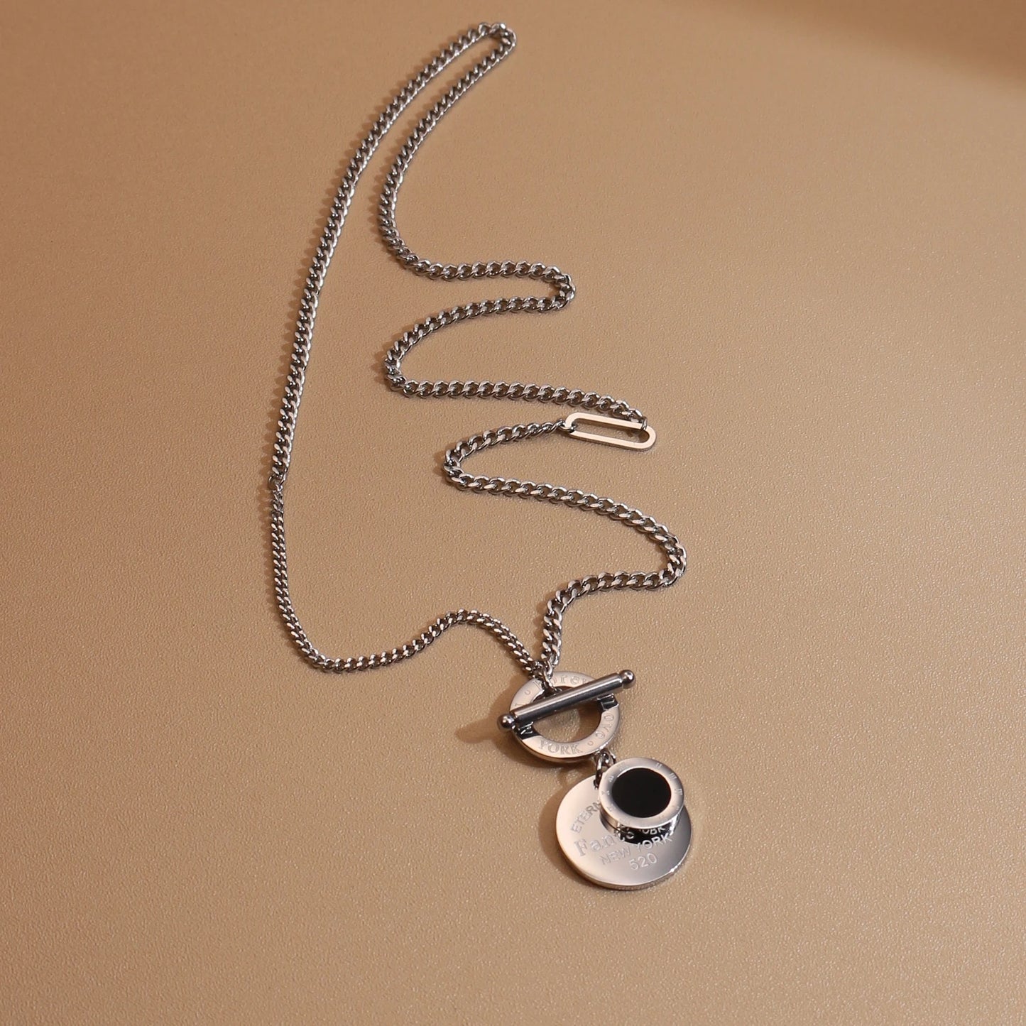FOREVER LOVE Roman Numeral Round Stainless Steel 18K Gold Pated Women's Pendant Necklace