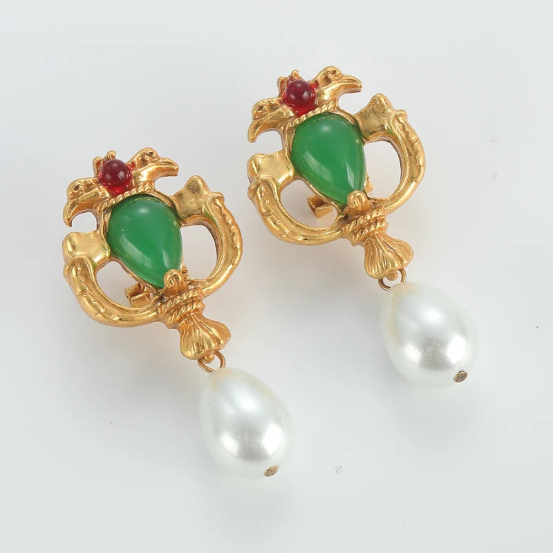 Women Green Jade Teardrop Pearl Natural Stone Vintage Dubai Earrings