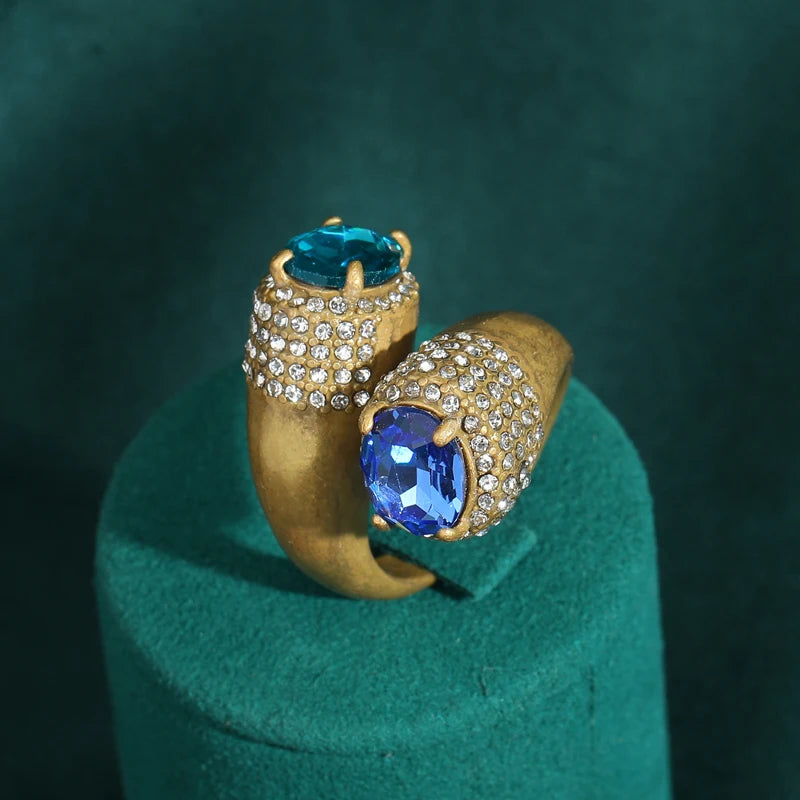 Women Blue Natural Stone Open Leopard Fashionable Water Drop Gold Color Pearl Flower Ring