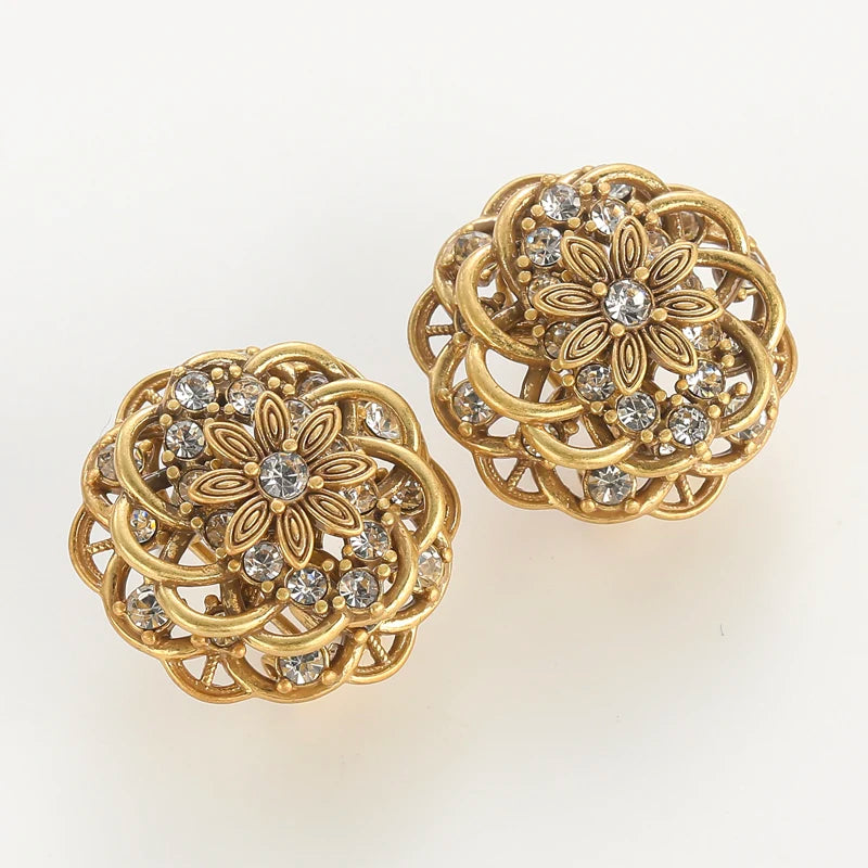 Vintage Antique Hollow Daisy Flower Rhinestones Studs Earrings