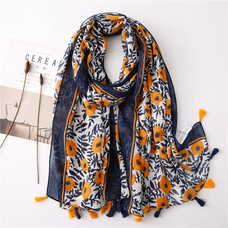 Women Fashion Large Cotton Flower Designs Tassel Prints Scarves Wrap Shawl Scarf