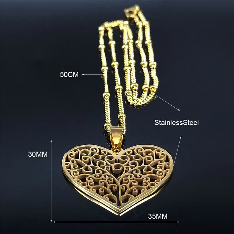 Aesthetic Love Heart Tree of Life Hollow Stainless Steel Gold Color Bead Chain Pendant Necklace