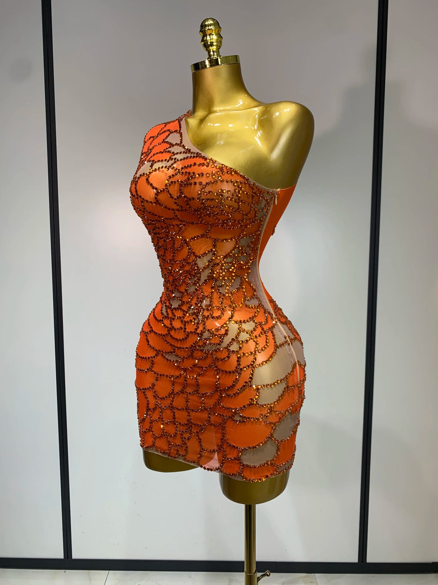 Women Sexy Mesh See Through One Shoulder Rhinestones Nightclub Evening Party Birthday Mini Dress