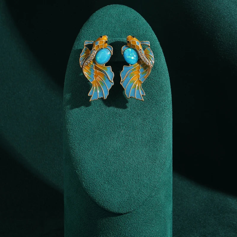 Woman Antique Vintage Enamel Goldfish Blue Natural Stone Stud Earrings