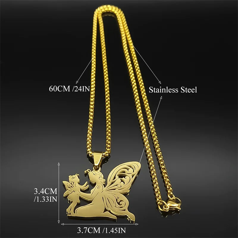 Butterfly Fairy Mom Daughter Men Stainless Steel Gold Color Love Chain Necklace Pendant