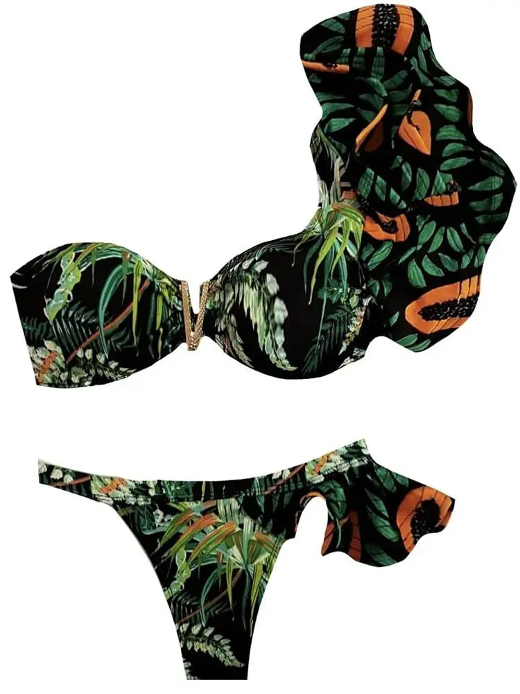 Two-Pieces Sexy Floral Push-Up Strappy Ruffles Bandage Bikini Swimsuit Swimwear Bathing Suit