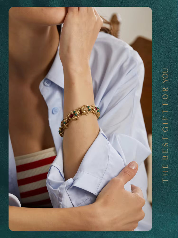 Women Vintage Adjustable Frog Natural Stone Eyes 18K Gold Plated Charm Bracelet