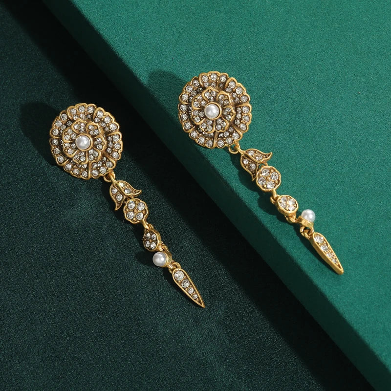 Vintage Luxury Camellia Rose Flower Designer White Rhinestones Layer Antique Indian Long Drop Dangle Earrings