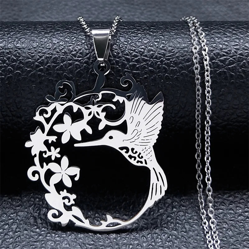 Bird Hummingbird Flower Necklace for Women Men Stainless Steel Gold Color Animal Pendant Necklaces Jewelry collar colibri N4626S