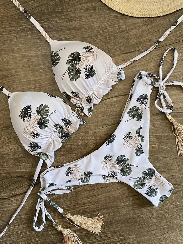 Sexy Micro Feather Print Bandage Swimwear Bathing Brazilian Bikini Suit