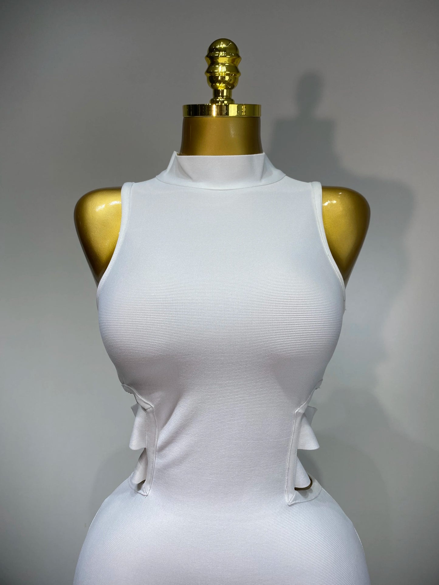 Sexy Turtleneck White Cut Out Midi Bandage Evening Party Prom Birthday Dress