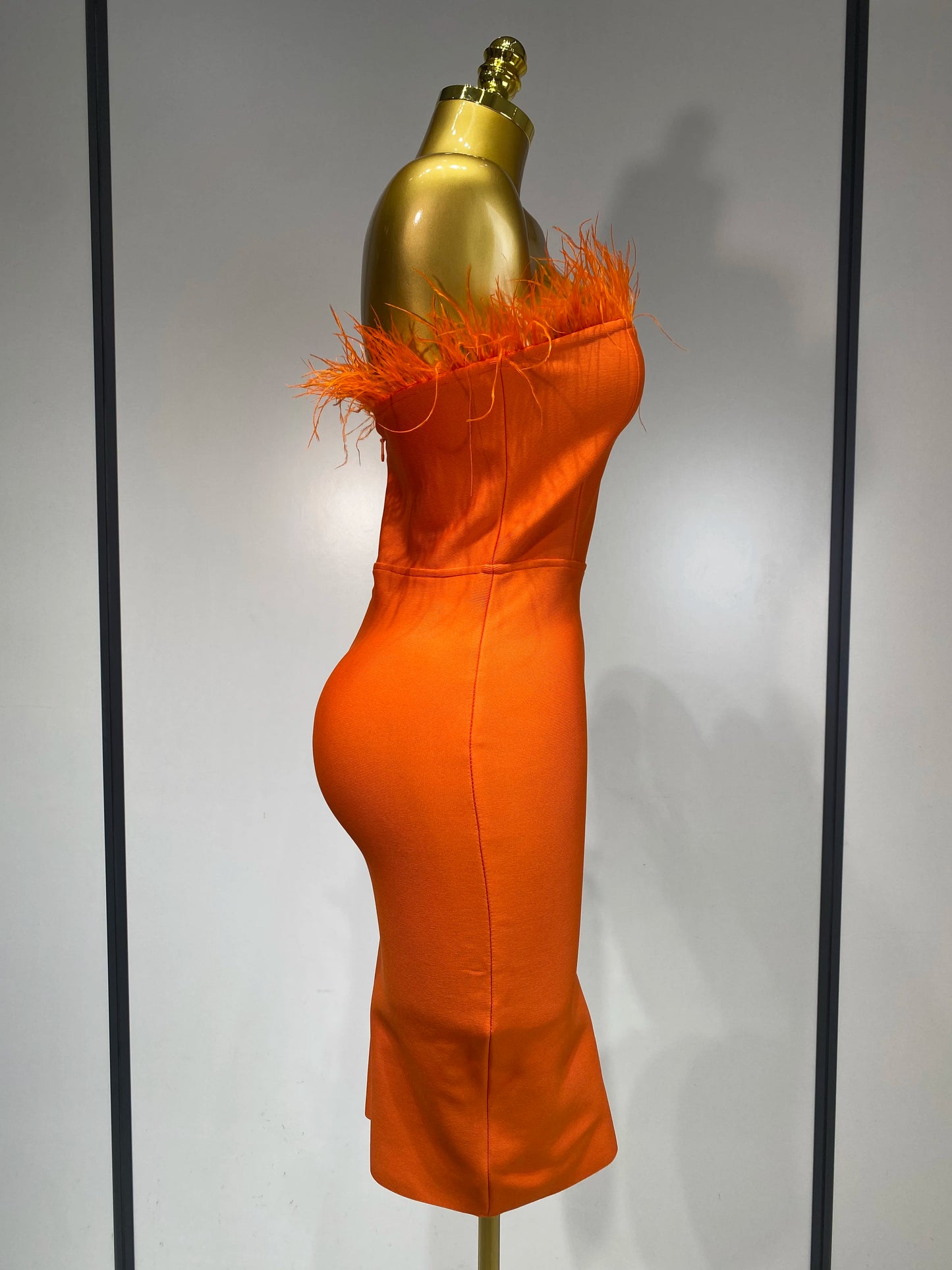 Sexy Backless Yellow Bandage Strapless Celebrity Elegant Feather Birthday Club Party Dress