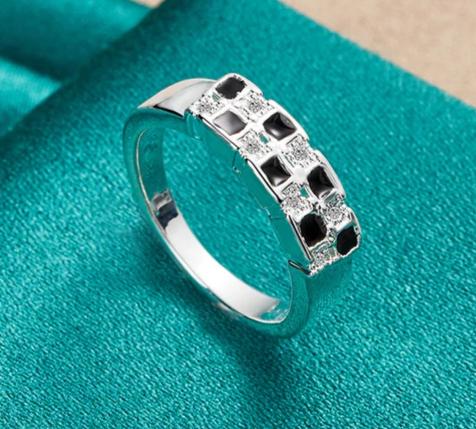 925 Sterling Silver Black Square Zircon Women Man Fashion Wedding Engagement Party Gift Charm Ring