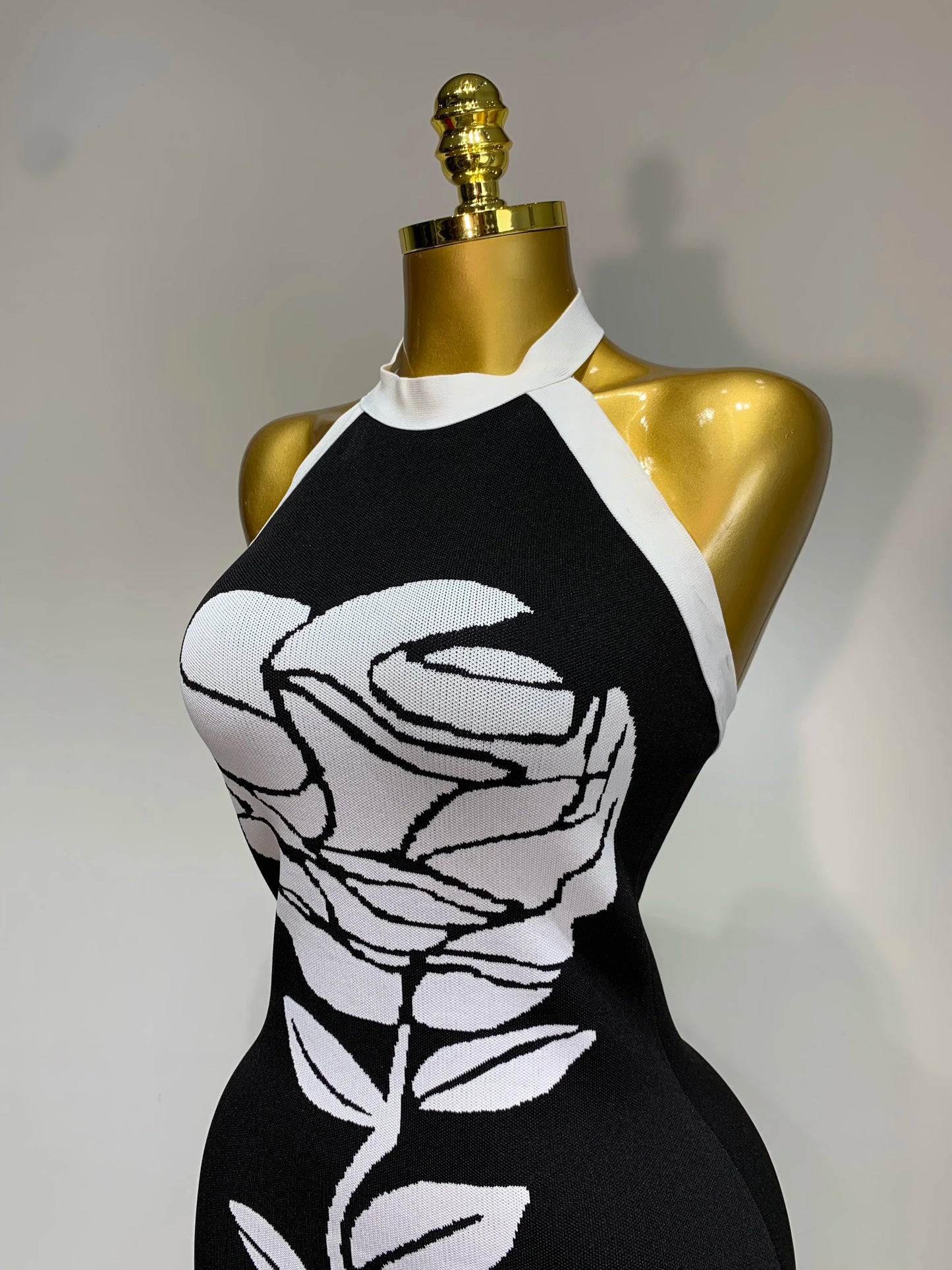 Women Fashion Celebrity Sexy Backless Rose Flower Midi Black Jacquard Bandage Party Dress