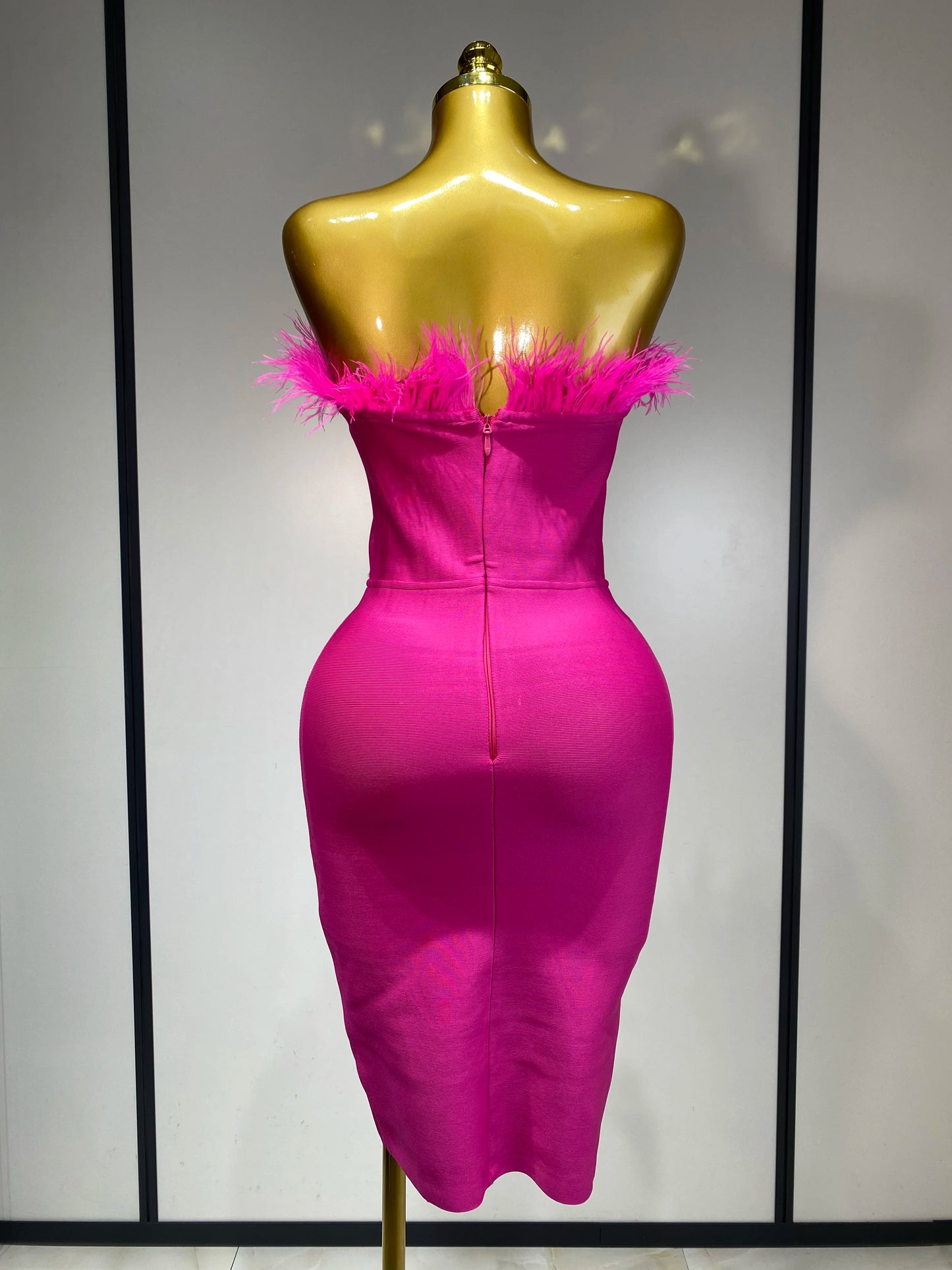 Sexy Backless Yellow Bandage Strapless Celebrity Elegant Feather Birthday Club Party Dress