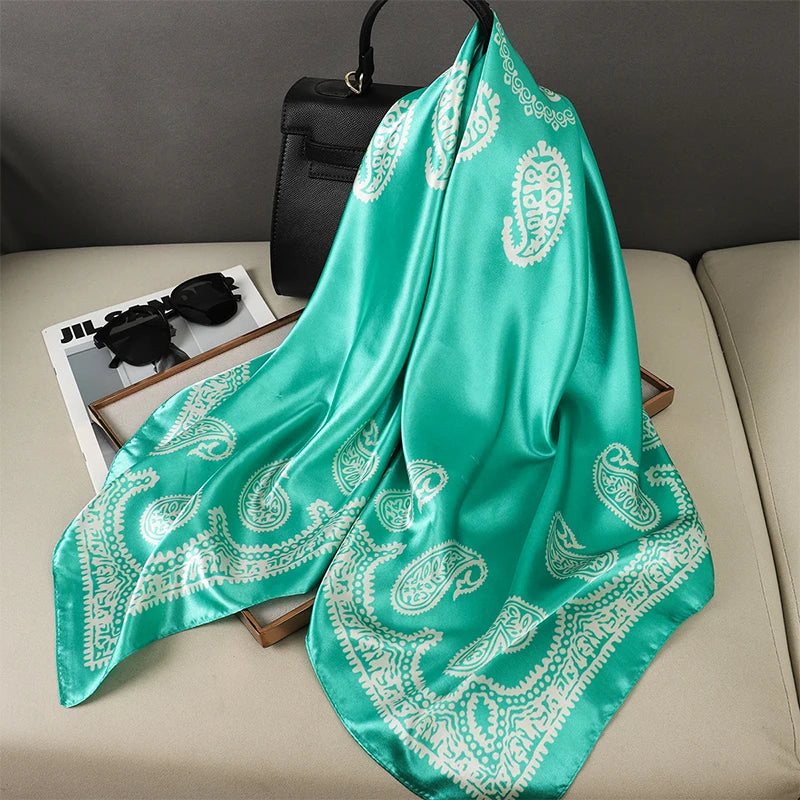 90cm Women Vintage Paisley Square Silk Shawls Printed Wraps Bandana Scarves