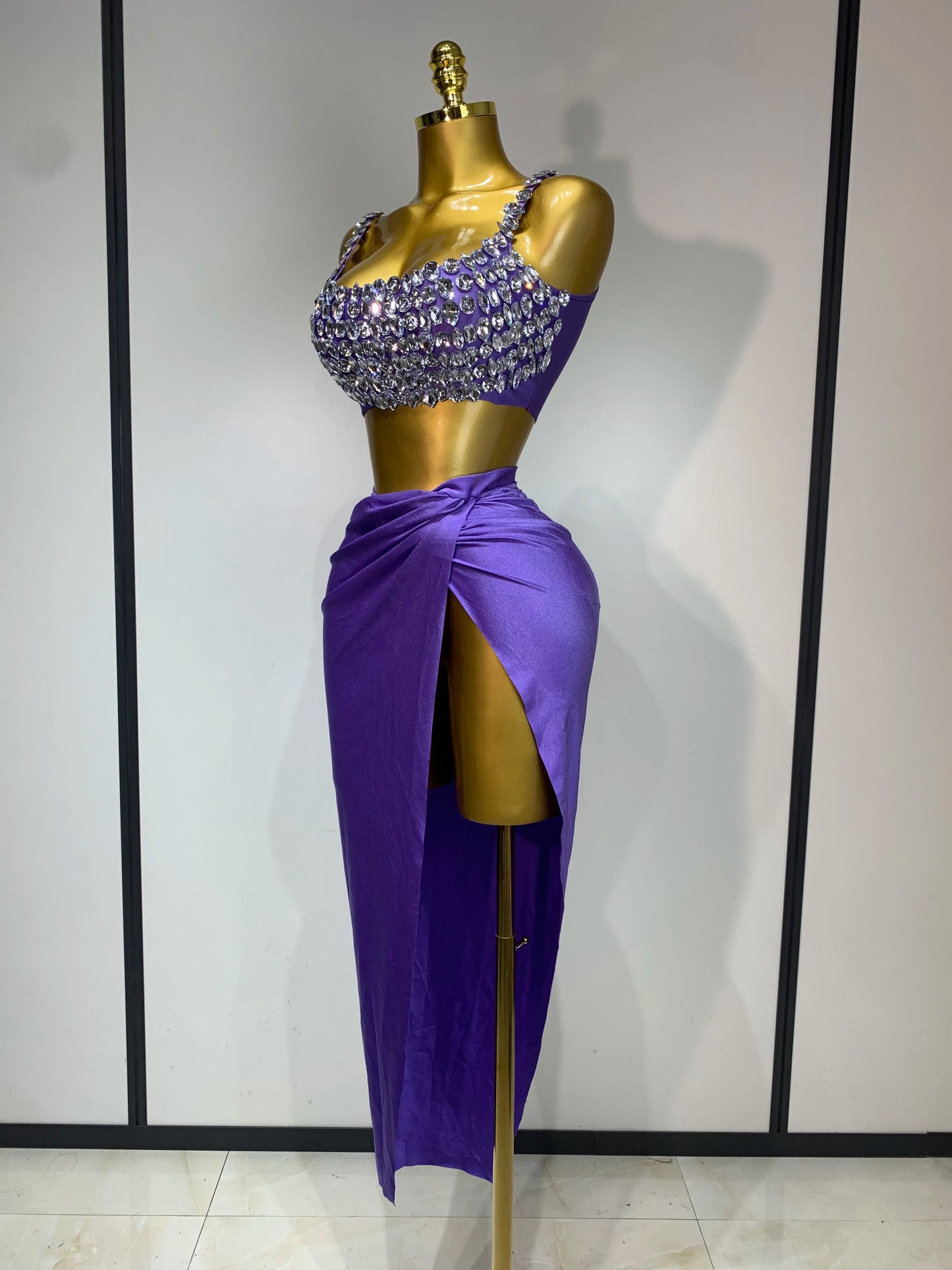 Women Sparkly Rhinestone Crop Tops Long Skirt Two Pieces Birthday Party Dinner Dress