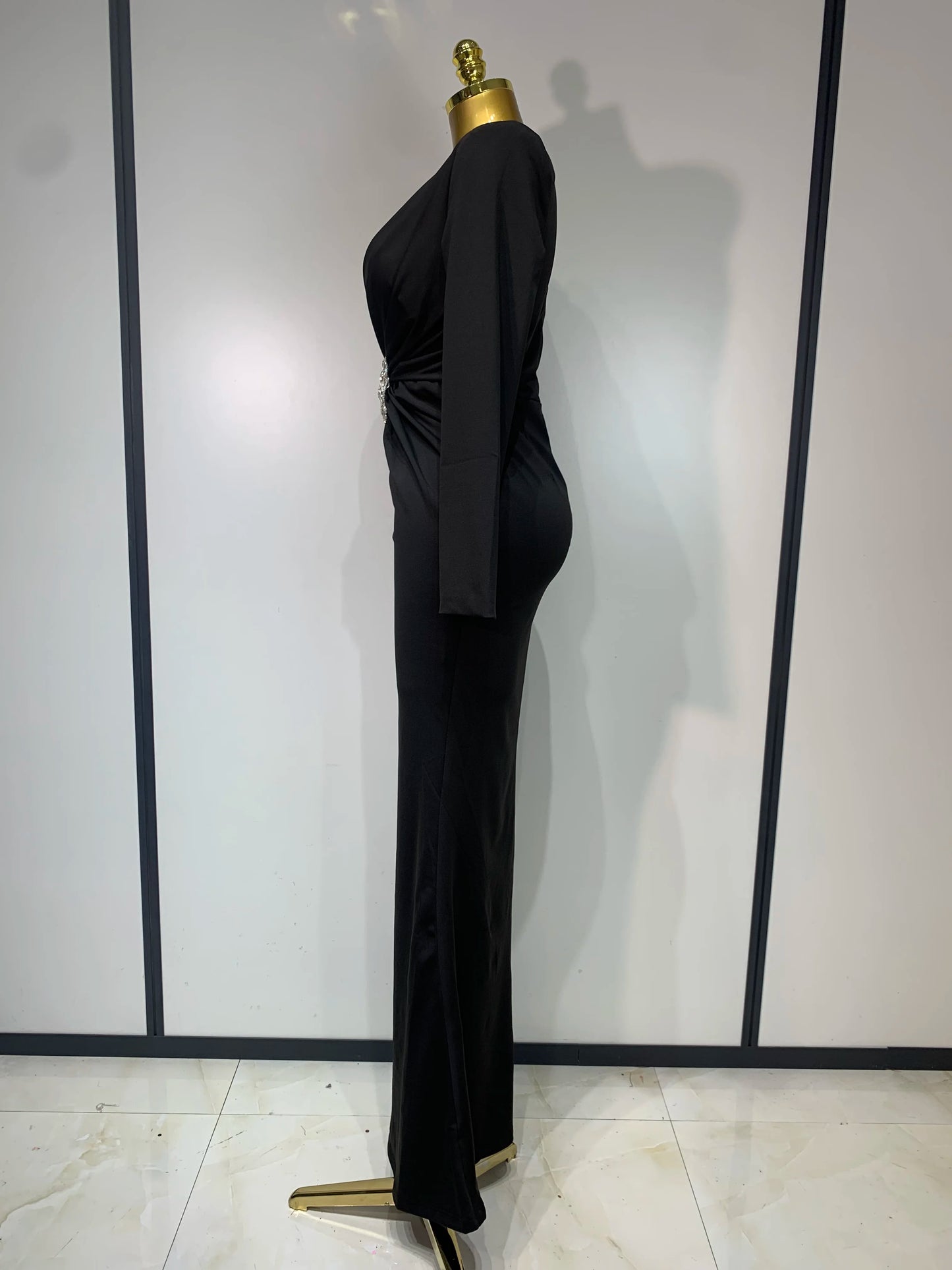 Black Diamond Bodycon Maxi Sexy Deep V Neck Long Sleeves Runway Party Evening Dress