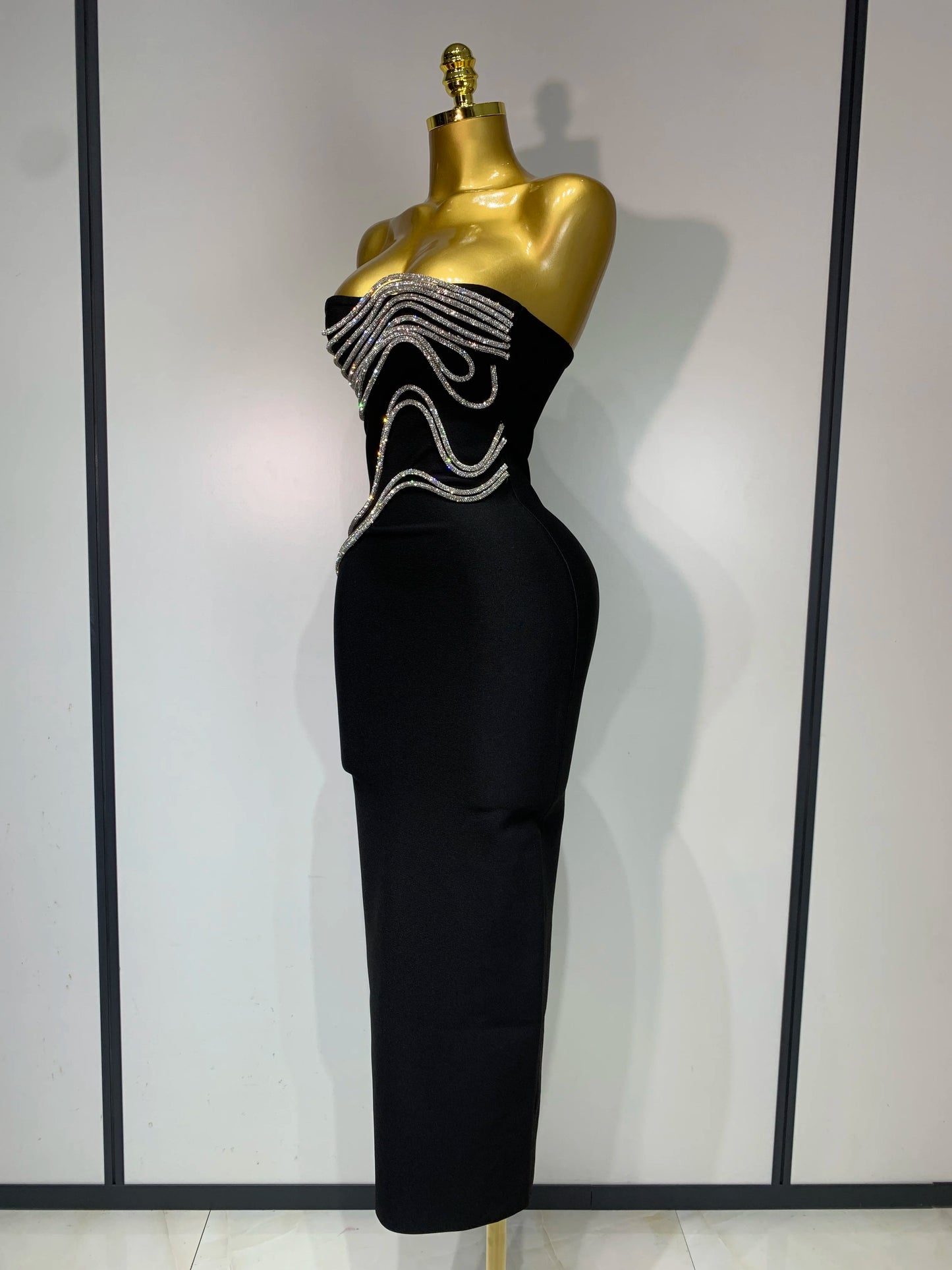 Women Sexy Strapless Diamond Lines Bandage Long Celebrity Red Carpet Evening Birthday Party Dress