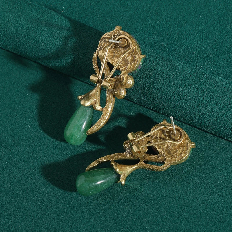 Antique Moss Green Natural Stone Flower Rhinestones Vintage Long Water Drop Earrings