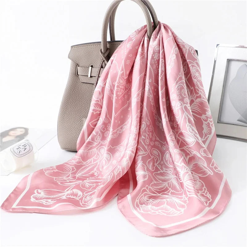 70cm Women Fashion Floral Print Square Silk Scarf Satin Shawl Wrap Scarves