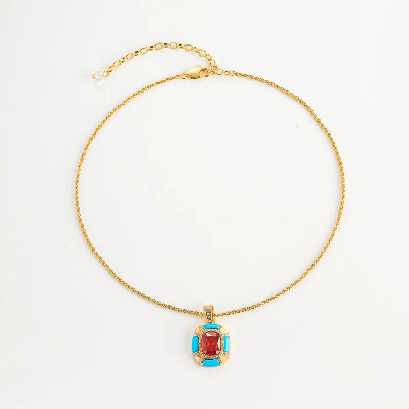 Vintage Designer Blue Enamel Red Glass Square Hanging French Stylish Luxury Charm Pendant Necklace