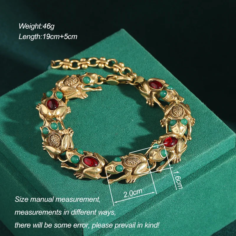 Women Vintage Adjustable Frog Natural Stone Eyes 18K Gold Plated Charm Bracelet