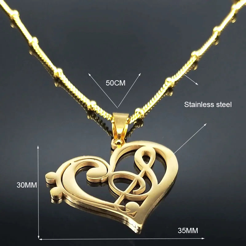 Aesthetic Heart Musical Note Stainless Steel Gold Color Chain Necklace