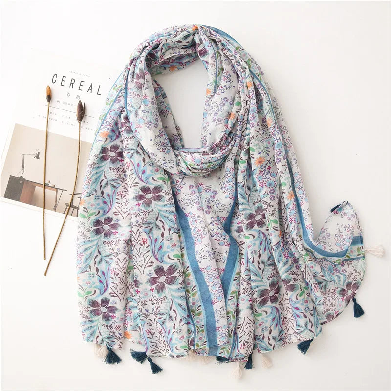 Women Fashion Large Cotton Flower Designs Tassel Prints Scarves Wrap Shawl Scarf