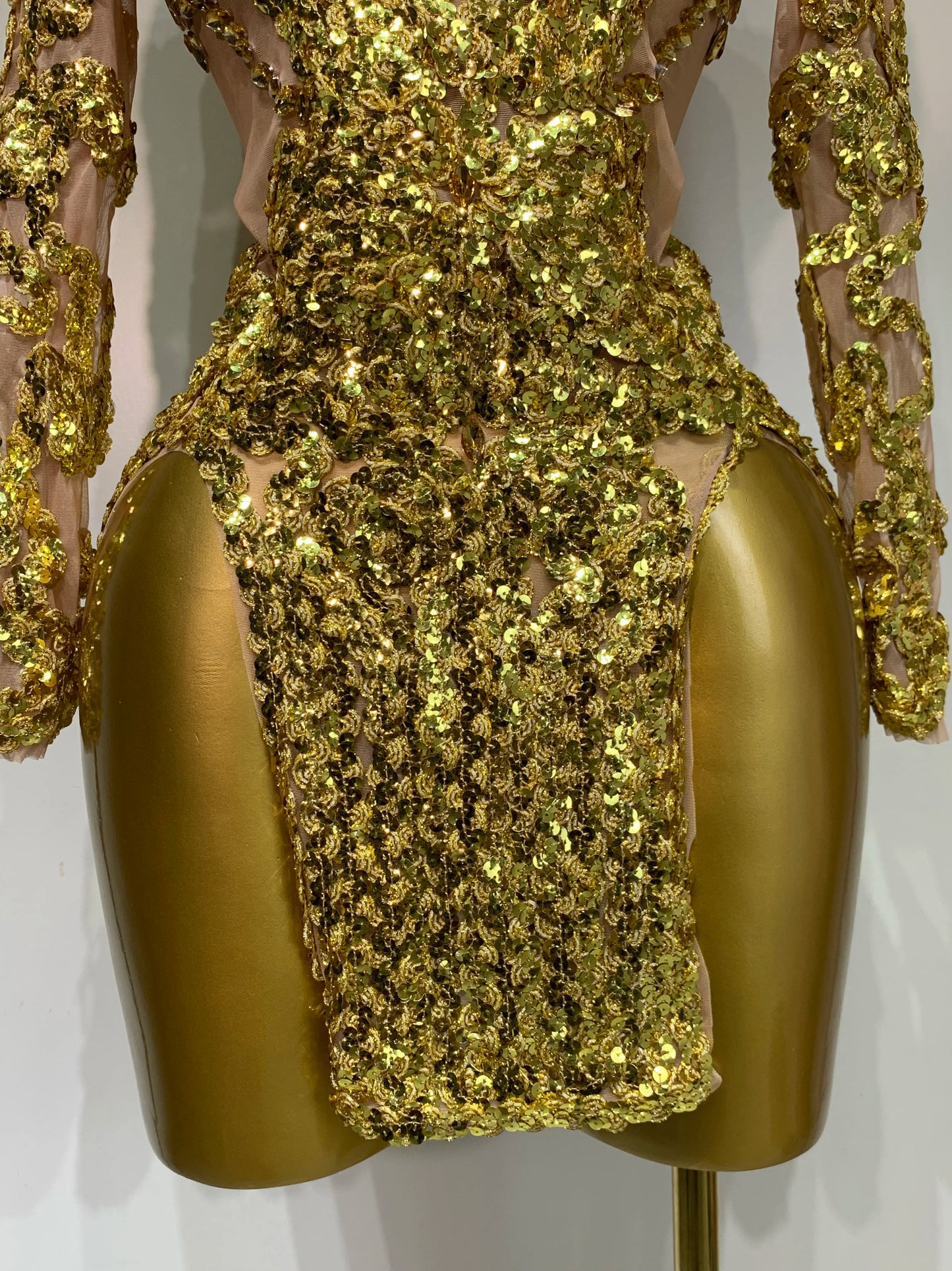 Sparkly Silver Gold Sequins Shor Sexy High Slit Nightclub Evening Party Birthday Dress