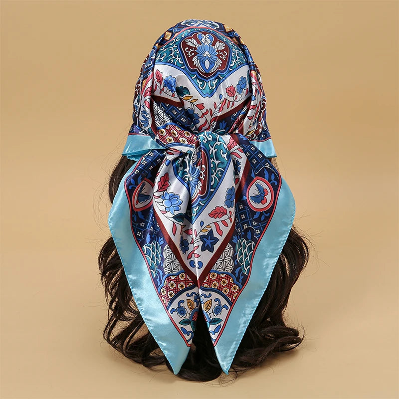 Women Fashion Silk Square Vintage Hijab Flower Prints Pashmina Bandana Scarves