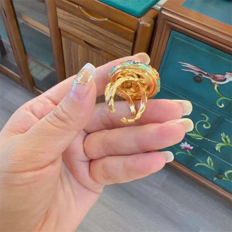 Women Vintage Enamel Adjustable 18K Gold Plated Floral Gemstone Ring