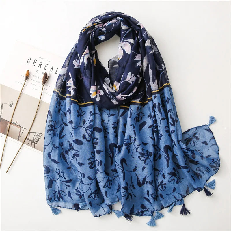Women Fashion Large Cotton Flower Designs Tassel Prints Scarves Wrap Shawl Scarf